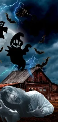 Get spooked with this phone live wallpaper featuring a ghostly figure in a field with a barn in the background