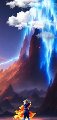 This stunning live wallpaper features a dynamic scene of a cartoon character charging up with lightning bolts in front of a majestic mountain