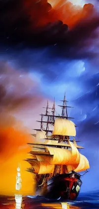 This stunning live wallpaper features an oil painting of a sailing ship in the ocean