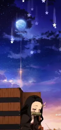 This stunning anime live wallpaper features a captivating illustration of a girl sitting atop a building under a starry night sky