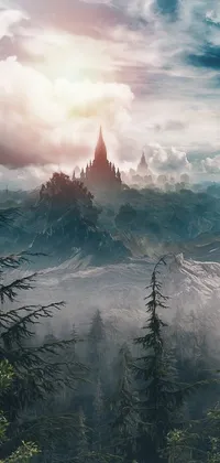 This stunning phone live wallpaper portrays a mystical scene with a magnificent mountain range, lush green trees, and a magical castle made entirely of clouds