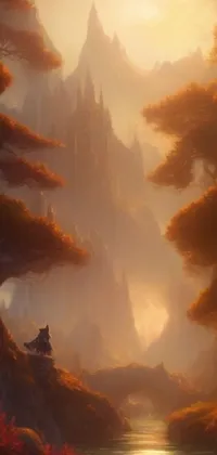 This stunning phone live wallpaper features a mystical forest with a towering mountain in the distance