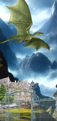 This phone live wallpaper features a stunning scene of a green dragon flying over an ornate gate in front of a castle