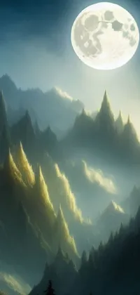 This phone live wallpaper features a mystical mountain landscape at night with yellow fog and a full moon