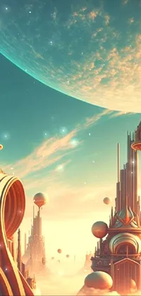 Experience an otherworldly skyline with this stunning futuristic city in the sky live wallpaper