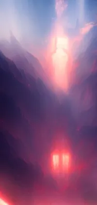 This phone live wallpaper features a breathtaking concept art of a mountain top in stunning atmospheric red effects