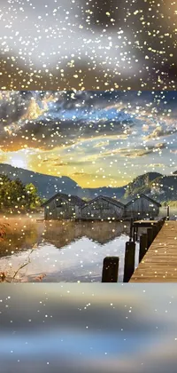 This phone live wallpaper showcases a stunning painting of a pier in the middle of a peaceful lake