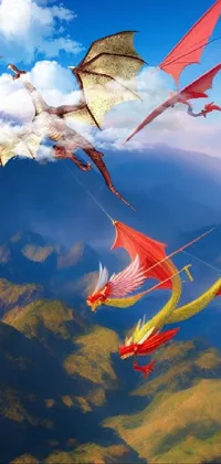 Download this breathtaking live wallpaper for your phone and be transported to a mystical world where a group of dragon kites fly freely in the sky