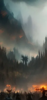 Bring your phone's screen to life with this amazing live wallpaper! Imagined in breathtaking detail, this stunning artwork showcases a group of individuals, spellbound by a colossal dragon, blowing fire over the jaw-dropping mountain range ahead
