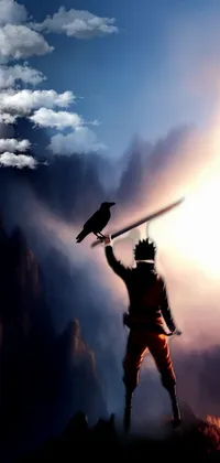 Get inspired by this phone live wallpaper where a man glares out on top of a mountain with a sword in his hand