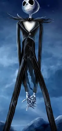 This phone live wallpaper showcases a CG animated depiction of a tall and slender Jack Skellington from The Nightmare Before Christmas
