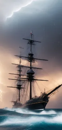 This phone live wallpaper displays a tall ship sailing on top of a body of water featuring bolts of lightning and thunders