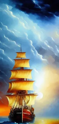 This stunning live phone wallpaper features a digital painting of a sailing ship in a surreal ocean setting