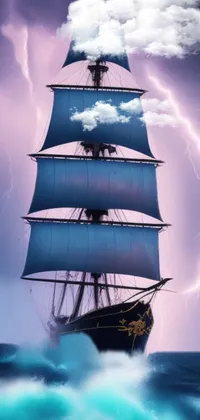 This phone live wallpaper features a ship in the ocean with lightning in the background