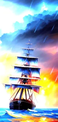 This mobile live wallpaper depicts a thrilling digital painting of a sailing ship in stormy waters