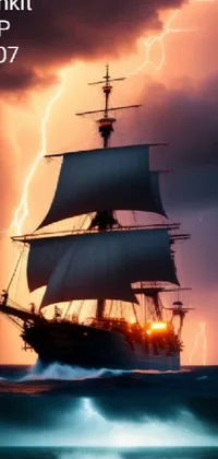 This phone live wallpaper showcases a stunning image of a ship sailing through rough ocean waters with lightning flashing in the backdrop