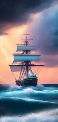 This live wallpaper depicts a ship on a calm, peaceful ocean, with a cinematic front lighting effect