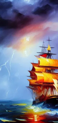 This phone live wallpaper depicts a sailing ship at sea in a romantic and dramatic oil painting style