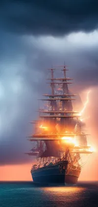 This live phone wallpaper shows a tall ship sailing on a body of water under a cloudy sky