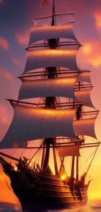 Experience the romance and beauty of a ship sailing in the ocean at sunset with this stunning live wallpaper