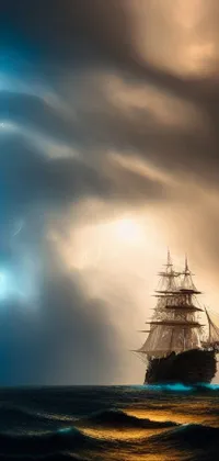 This live wallpaper depicts a pirate ship sailing on a stormy ocean under a cloudy sky