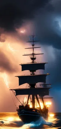 This live wallpaper features a tall ship sailing on a body of water, illuminated by a bright fork lightning in the background
