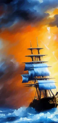 This mobile live wallpaper depicts a stunning oil painting of a tall ship sailing through turbulent ocean waters