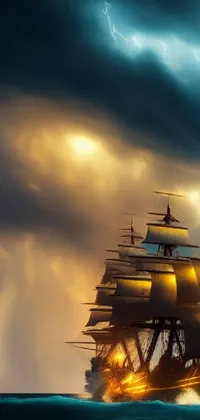 This phone live wallpaper showcases a magnificent ship sailing amid turbulent storm clouds