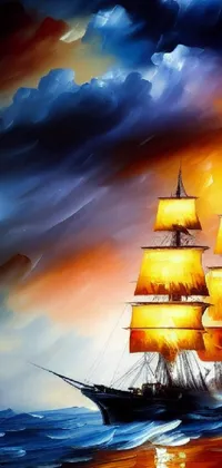 This phone live wallpaper showcases a stunning digital painting of a sailing ship in the vast ocean