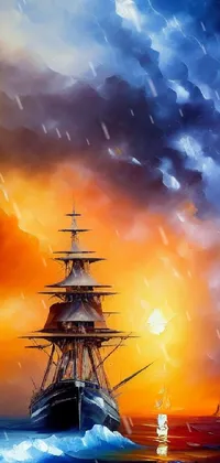 This phone wallpaper brings the beauty of a majestic ship located in the vast ocean during a stunning sunset right to your phone screen