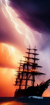 This stunning phone live wallpaper features a detailed digital rendering of a majestic ship sailing across a calm sea