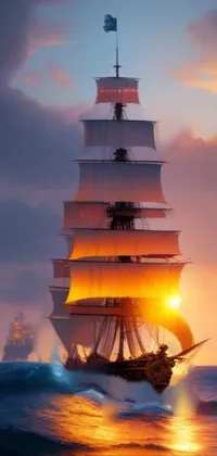 Impress your senses with this panoramic phone live wallpaper featuring a tall ship sailing in calm waters, amid romantic lighting and warm sunset vibes