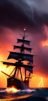 Immerse yourself in a stunning live wallpaper of a ship sailing into the sunset on a stormy ocean