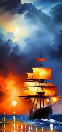 This live wallpaper depicts a beautifully painted ship sailing on the open sea