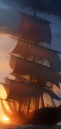 This stunning live wallpaper features a majestic tall ship floating on peaceful waters in a sunset haze