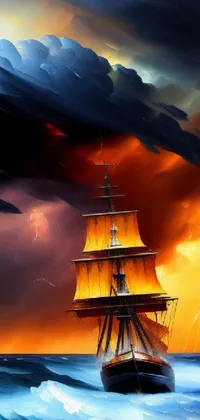 This striking phone live wallpaper showcases a digital painting of a ship battling a thunderstorm in the vast ocean