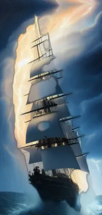 This phone live wallpaper showcases an awe-inspiring digital rendition of a ship sail in the midst of a thunderstorm at sea