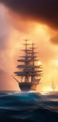 This phone live wallpaper showcases two ships sailing on the water, with a digital rendering inspired by Romanticism