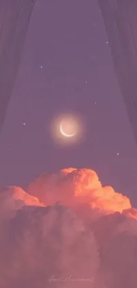 This phone live wallpaper features a stunning moon shining above purple-tinted clouds with a curtain of stars, nebulae, and galaxies in the background