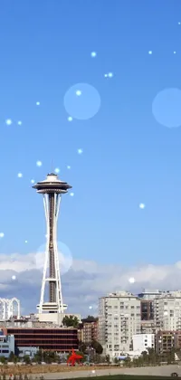 This phone live wallpaper showcases a mesmerizing body of water with a distant tower in the background, against a blue sky
