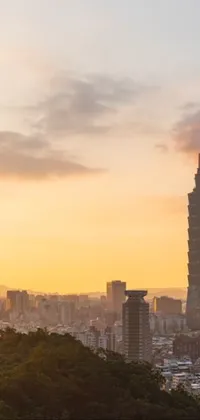 This phone live wallpaper showcases a breathtaking city view from a hilltop