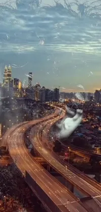 This beautiful live wallpaper depicts a cityscape background with a close-up glass portrait of a person's face in the foreground