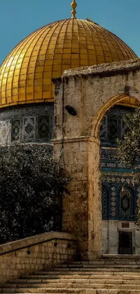 This stunning live wallpaper depicts a majestic building with a golden dome on top, set against a colorized photo of the Middle Eastern landscape