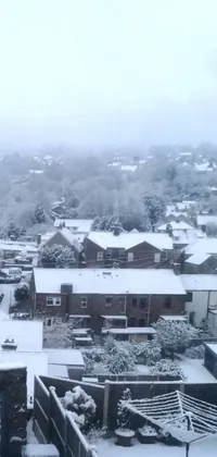 This live wallpaper features a serene winter scene of a snow-covered neighborhood