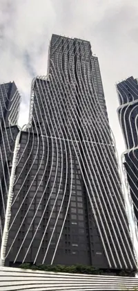 Download a mesmerizing live wallpaper featuring tall black buildings with reflective glass and neon lights, surrounded by swirling clouds in an op art style