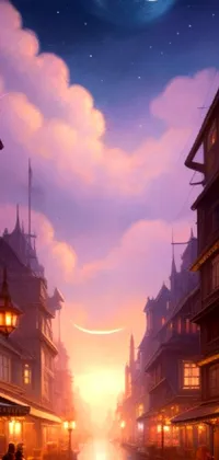 This phone live wallpaper features a stunning digital concept art scene of a couple strolling down a riverside street lined with dreamy houses as lanterns flicker on in the evening