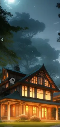 This stunning phone live wallpaper features a picturesque wooden mansion perched atop a luscious green field, enveloped by a mist-laden forest