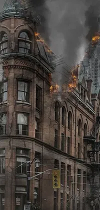 This live wallpaper showcases a towering building emitting a lot of smoke against the Toronto skyline, engulfed by a cloud of smoke with a detailed network of fire escapes seen in the foreground