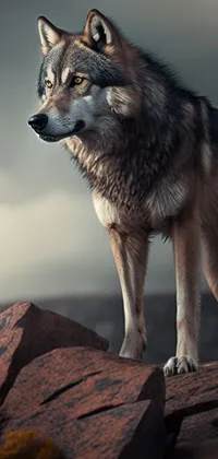 This live wallpaper features a lone wolf amidst a mountainous landscape with misty clouds