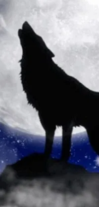 This phone live wallpaper features a majestic wolf standing on a rock under a full moon